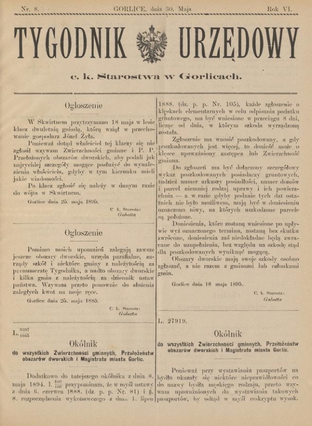 Tygodnik Urzędowy c.&nbsp;k. Starostwa w&nbsp;Gorlicach. Rok&nbsp;6, 1895, numer&nbsp;8