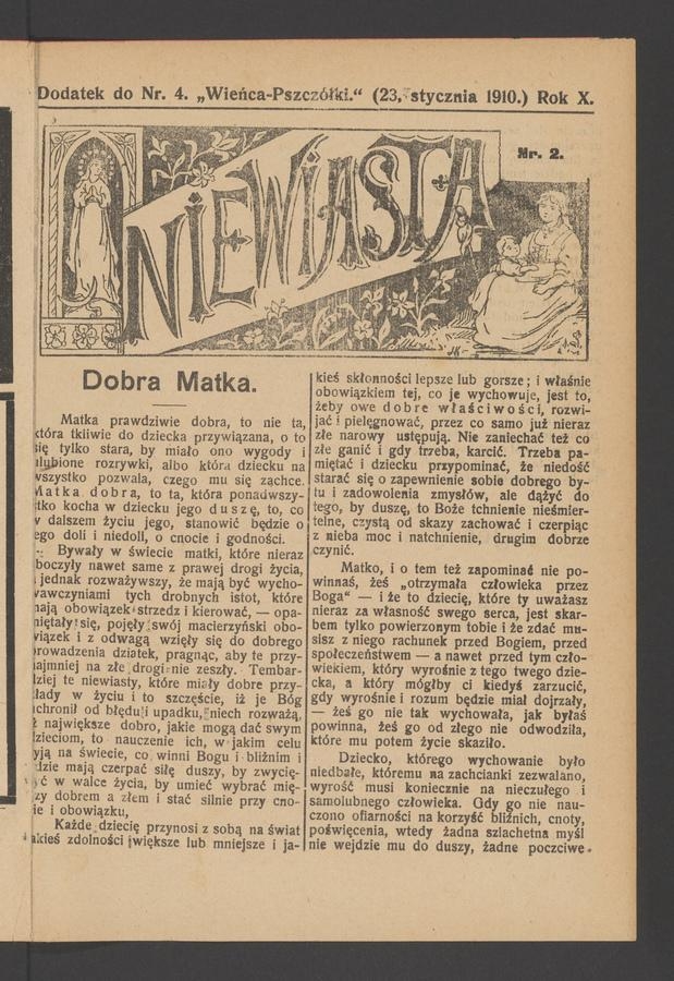 Niewiasta : dodatek do numeru&nbsp;4&nbsp;&bdquo;Wieńca-Pszcz&oacute;łki&rdquo;. Rok&nbsp;10, 1910, numer&nbsp;2