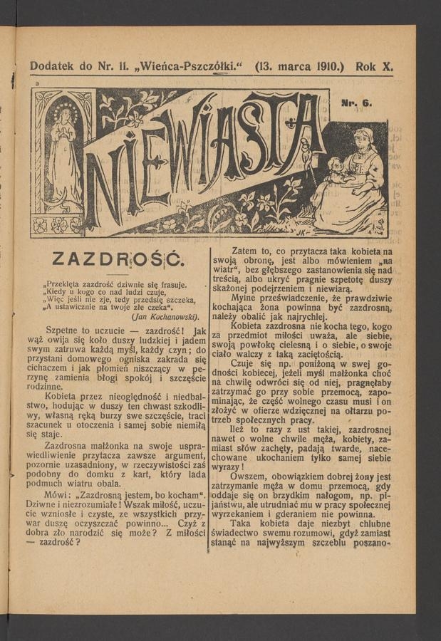 Niewiasta : dodatek do numeru&nbsp;11&nbsp;&bdquo;Wieńca-Pszcz&oacute;łki&rdquo;. Rok&nbsp;10, 1910, numer&nbsp;6