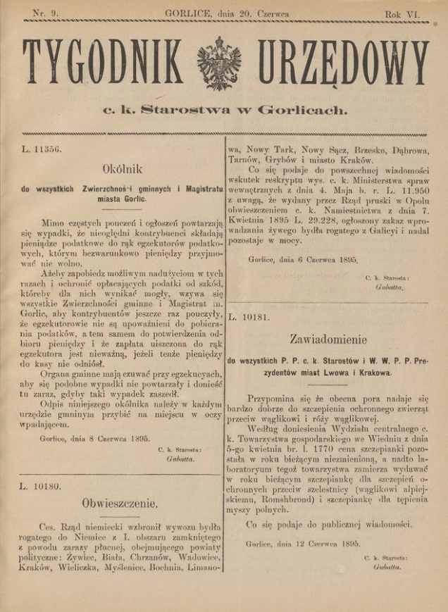 Tygodnik Urzędowy c.&nbsp;k. Starostwa w&nbsp;Gorlicach. Rok&nbsp;6, 1895, numer&nbsp;9