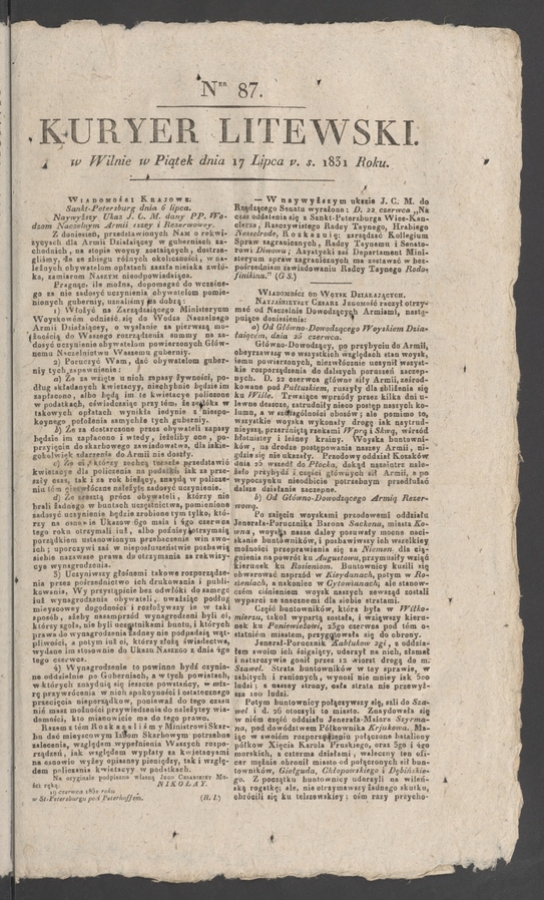Kuryer Litewski. 1831, numer&nbsp;87
