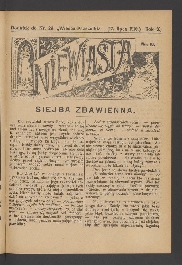 Niewiasta : dodatek do numeru&nbsp;29&nbsp;&bdquo;Wieńca-Pszcz&oacute;łki&rdquo;. Rok&nbsp;10, 1910, numer&nbsp;13