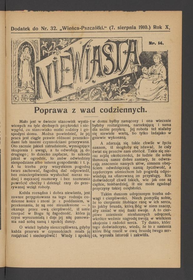 Niewiasta : dodatek do numeru&nbsp;32&nbsp;&bdquo;Wieńca-Pszcz&oacute;łki&rdquo;. Rok&nbsp;10, 1910, numer&nbsp;14