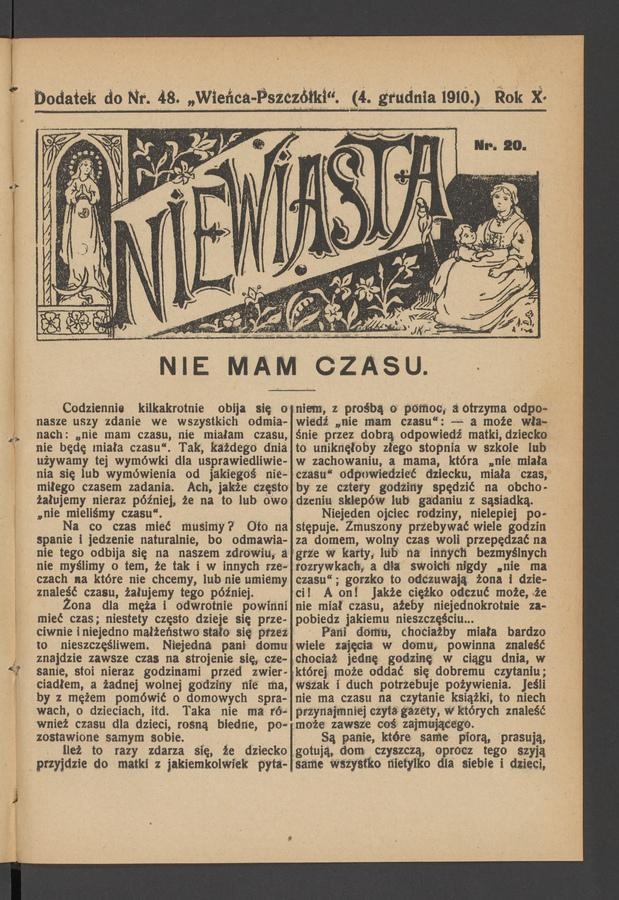 Niewiasta : dodatek do numeru&nbsp;48&nbsp;&bdquo;Wieńca-Pszcz&oacute;łki&rdquo;. Rok&nbsp;10, 1910, numer&nbsp;20