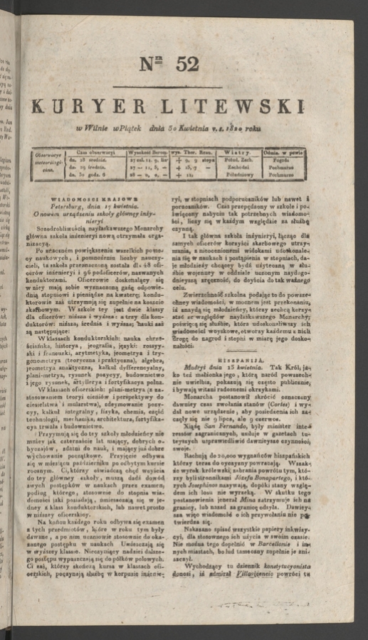 Kuryer Litewski. 1820, numer&nbsp;52