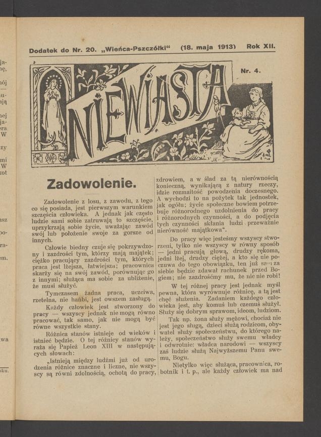 Niewiasta : dodatek do&nbsp;numeru&nbsp;20 &bdquo;Wieńca-Pszcz&oacute;łki&rdquo;. Rok&nbsp;13, 1913, numer&nbsp;4
