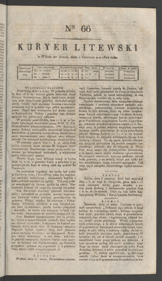 Kuryer Litewski. 1820, numer&nbsp;66