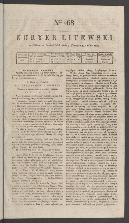 Kuryer Litewski. 1820, numer&nbsp;68