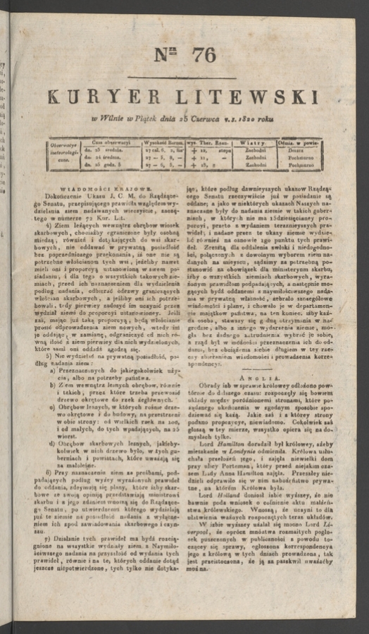 Kuryer Litewski. 1820, numer&nbsp;76