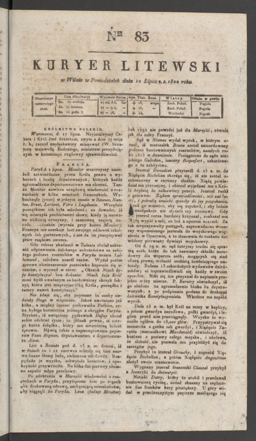Kuryer Litewski. 1820, numer&nbsp;83