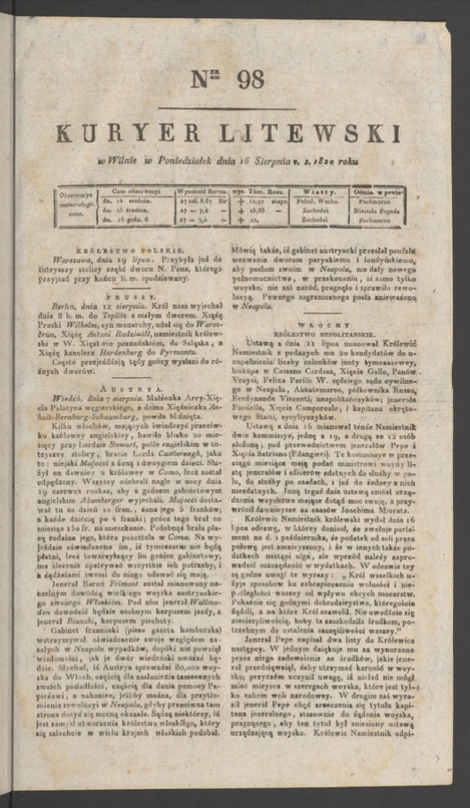Kuryer Litewski. 1820, numer&nbsp;98