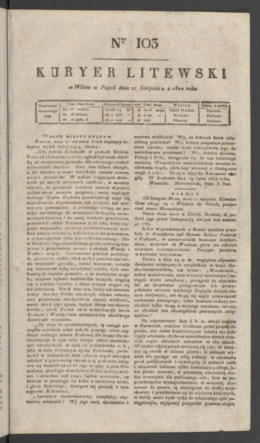 Kuryer Litewski. 1820, numer&nbsp;103