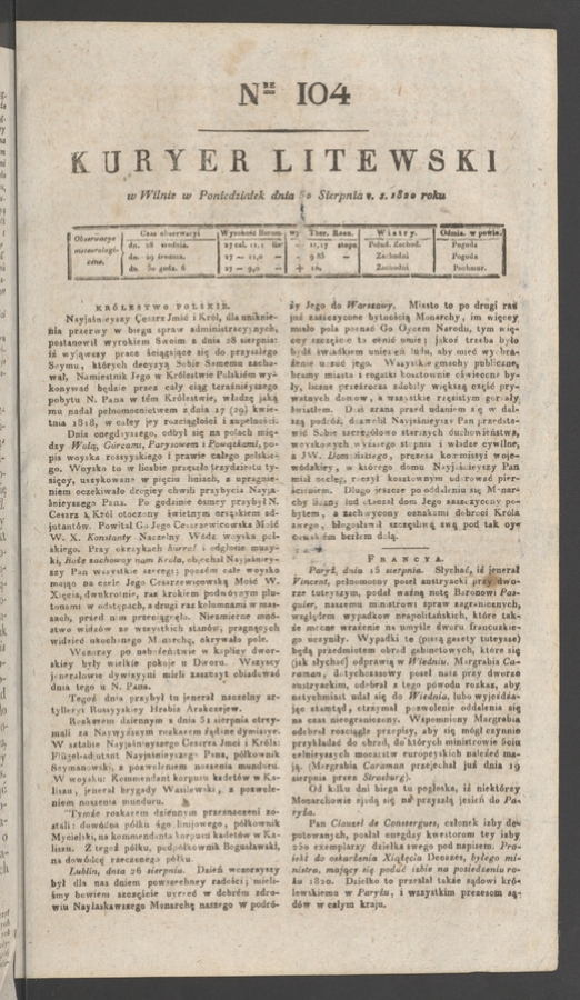 Kuryer Litewski. 1820, numer&nbsp;104