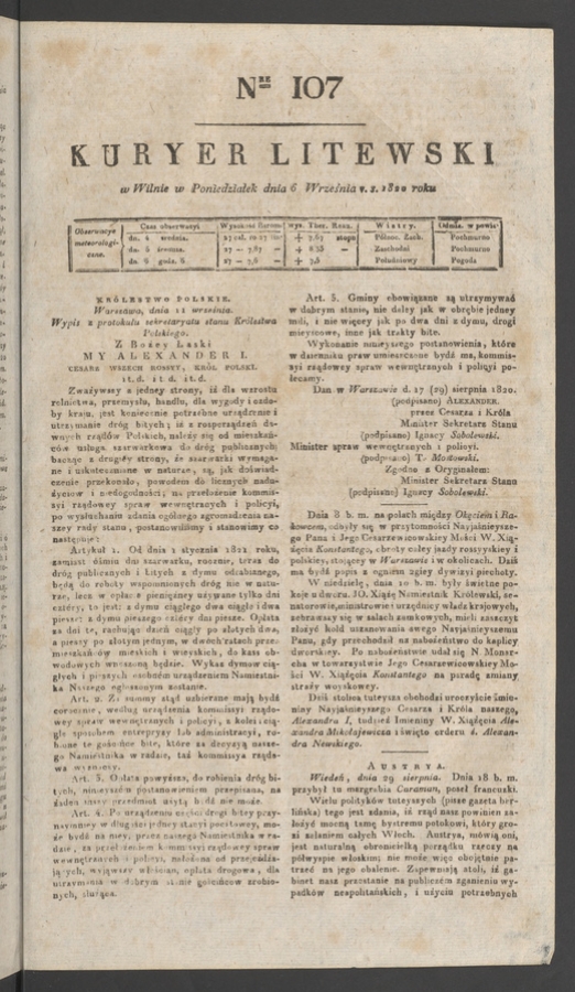 Kuryer Litewski. 1820, numer&nbsp;107