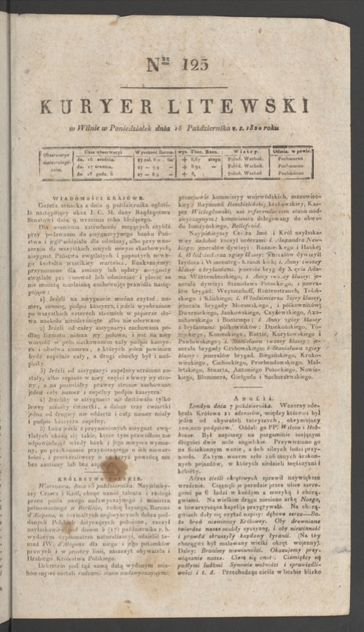 Kuryer Litewski. 1820, numer&nbsp;125