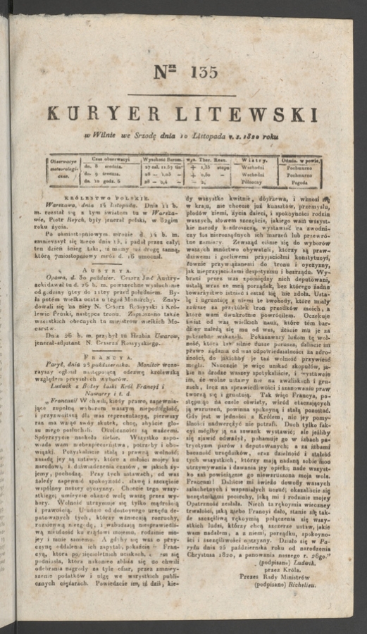 Kuryer Litewski. 1820, numer&nbsp;135