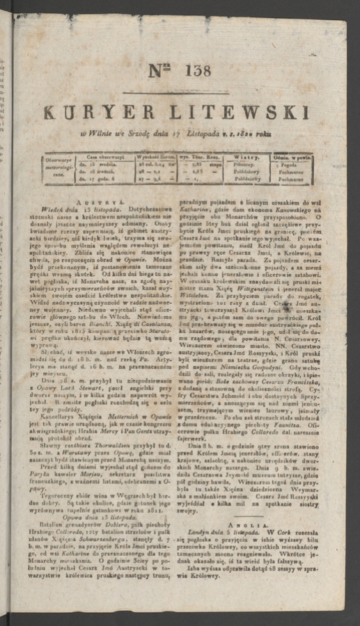 Kuryer Litewski. 1820, numer&nbsp;138