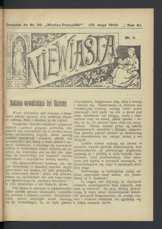 Niewiasta&nbsp;: dodatek do&nbsp;numeru&nbsp;20 &bdquo;Wieńca-Pszcz&oacute;łki&rdquo;. Rok&nbsp;12, 1912, numer&nbsp;4