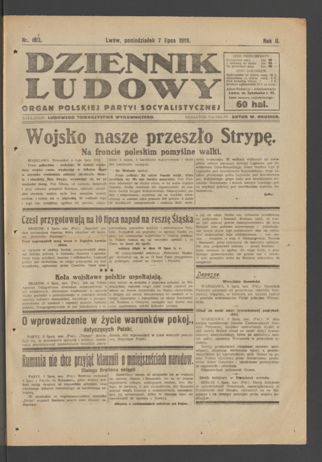 Dziennik Ludowy&nbsp;: organ Polskiej Partyi Socyalistycznej. Rok&nbsp;2, 1919, numer&nbsp;180