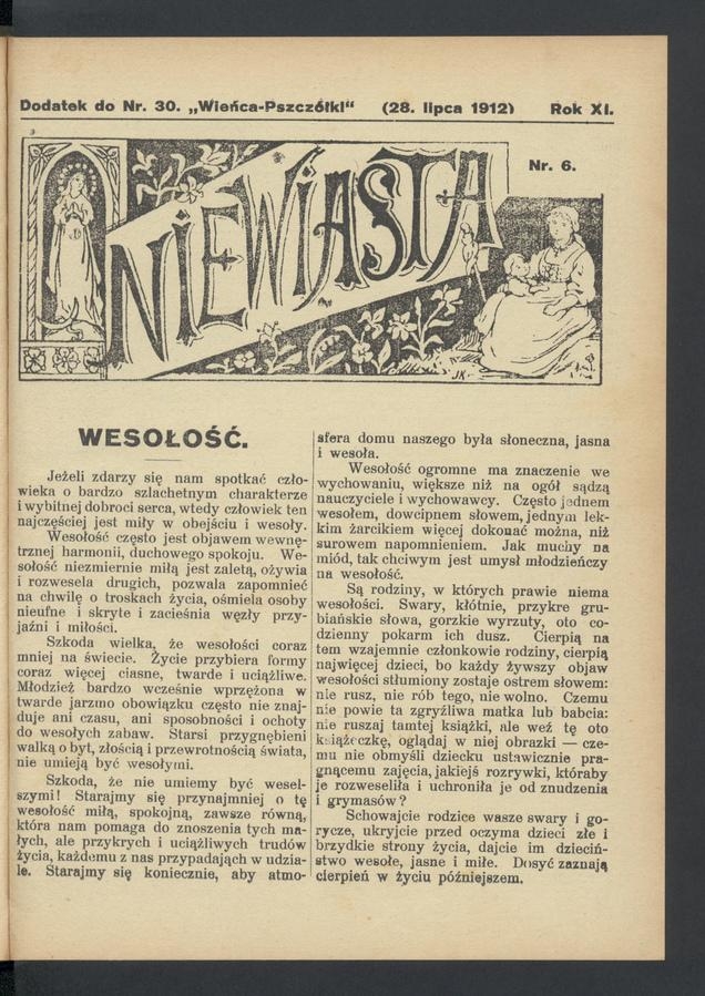 Niewiasta&nbsp;: dodatek do&nbsp;numeru&nbsp;30 &bdquo;Wieńca-Pszcz&oacute;łki&rdquo;. Rok&nbsp;12, 1912, numer&nbsp;6
