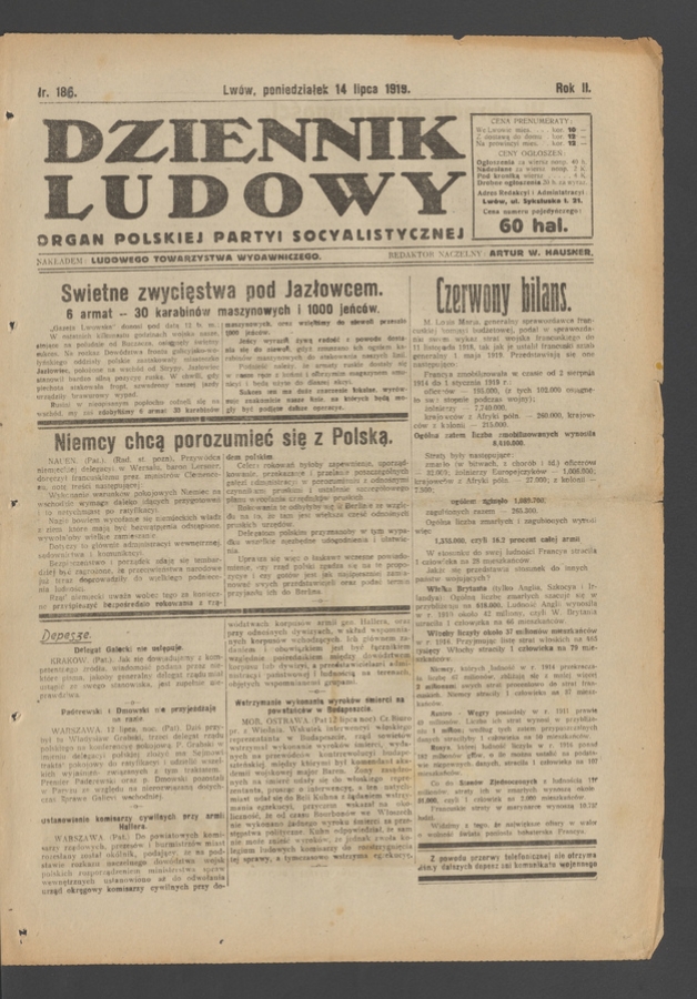 Dziennik Ludowy&nbsp;: organ Polskiej Partyi Socyalistycznej. Rok&nbsp;2, 1919, numer&nbsp;186
