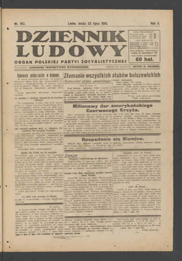 Dziennik Ludowy : organ Polskiej Partyi Socyalistycznej. Rok 2, 1919, numer 193
