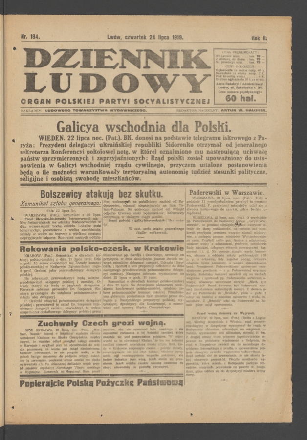 Dziennik Ludowy&nbsp;: organ Polskiej Partyi Socyalistycznej. Rok&nbsp;2, 1919, numer&nbsp;194
