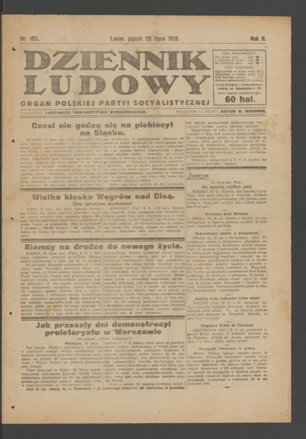 Dziennik Ludowy&nbsp;: organ Polskiej Partyi Socyalistycznej. Rok&nbsp;2, 1919, numer&nbsp;195