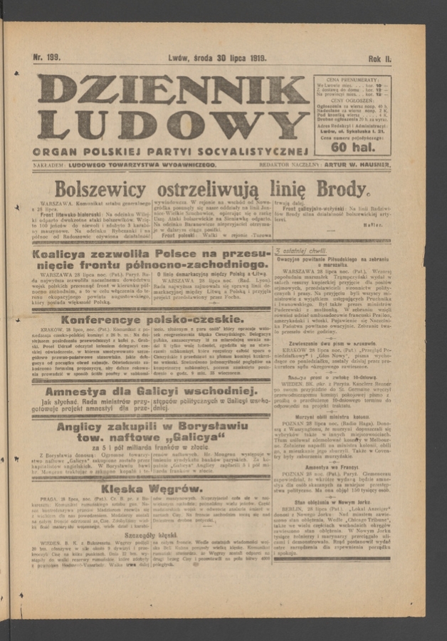 Dziennik Ludowy&nbsp;: organ Polskiej Partyi Socyalistycznej. Rok&nbsp;2, 1919, numer&nbsp;199