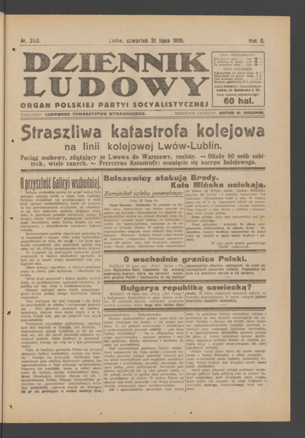 Dziennik Ludowy&nbsp;: organ Polskiej Partyi Socyalistycznej. Rok&nbsp;2, 1919, numer&nbsp;200