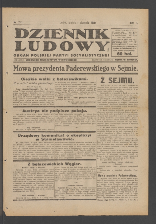 Dziennik Ludowy&nbsp;: organ Polskiej Partyi Socyalistycznej. Rok&nbsp;2, 1919, numer&nbsp;201