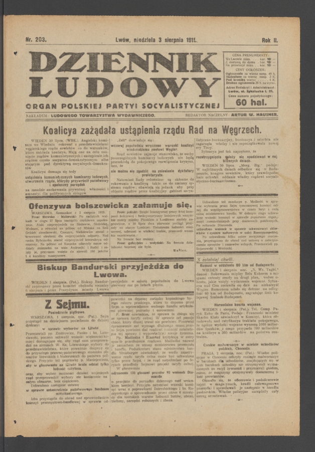 Dziennik Ludowy&nbsp;: organ Polskiej Partyi Socyalistycznej. Rok&nbsp;2, 1919, numer&nbsp;203