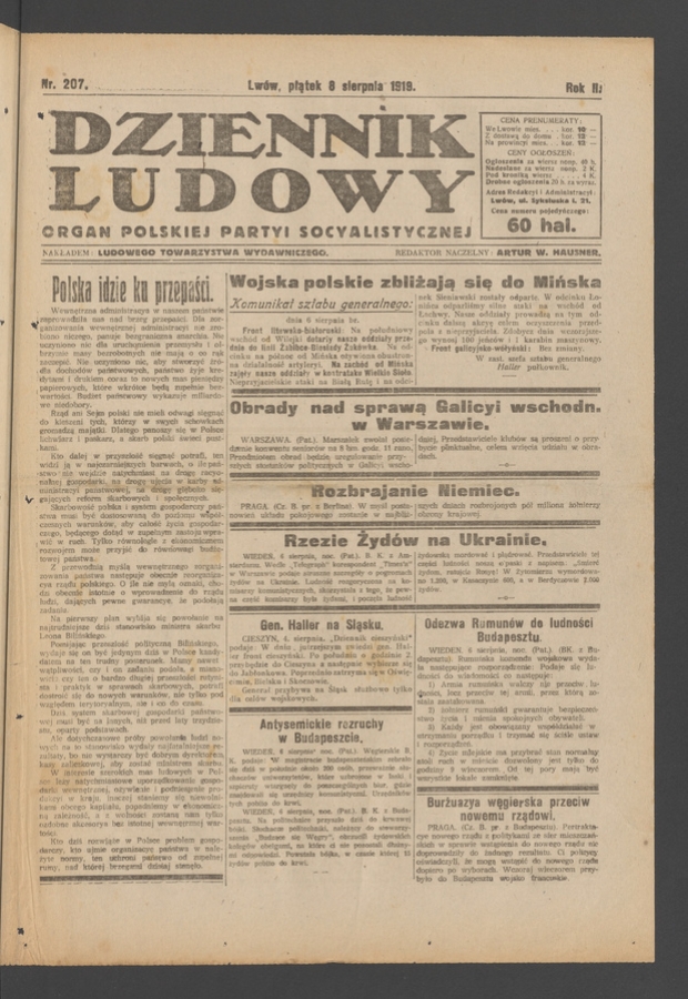 Dziennik Ludowy&nbsp;: organ Polskiej Partyi Socyalistycznej. Rok&nbsp;2, 1919, numer&nbsp;207