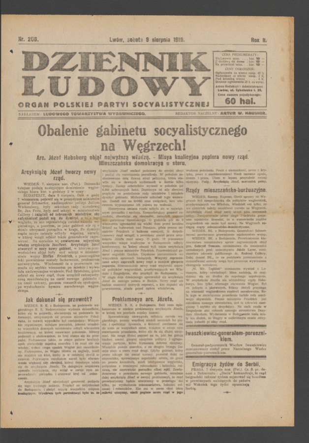 Dziennik Ludowy&nbsp;: organ Polskiej Partyi Socyalistycznej. Rok&nbsp;2, 1919, numer&nbsp;208