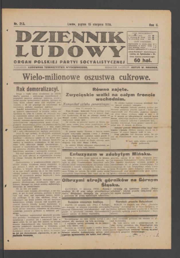 Dziennik Ludowy&nbsp;: organ Polskiej Partyi Socyalistycznej. Rok&nbsp;2, 1919, numer&nbsp;213