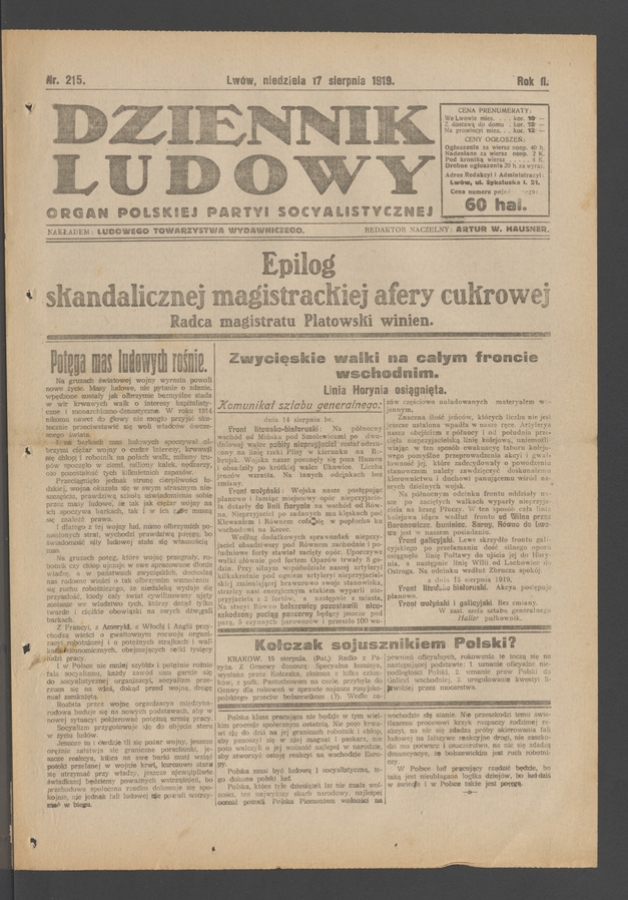 Dziennik Ludowy&nbsp;: organ Polskiej Partyi Socyalistycznej. Rok&nbsp;2, 1919, numer&nbsp;215