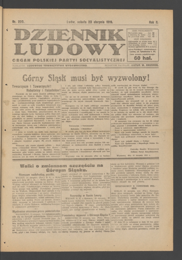 Dziennik Ludowy&nbsp;: organ Polskiej Partyi Socyalistycznej. Rok&nbsp;2, 1919, numer&nbsp;220