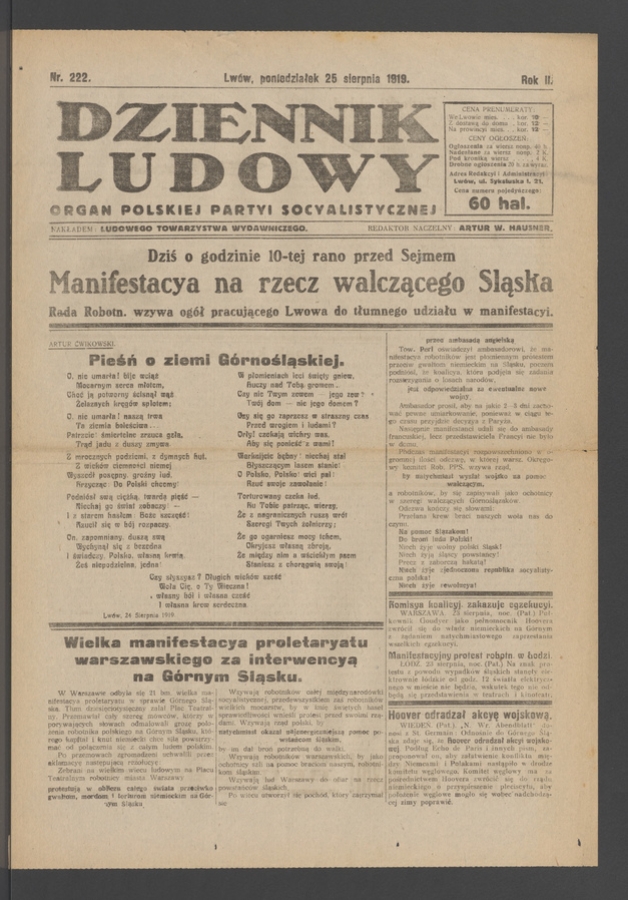 Dziennik Ludowy&nbsp;: organ Polskiej Partyi Socyalistycznej. Rok&nbsp;2, 1919, numer&nbsp;222