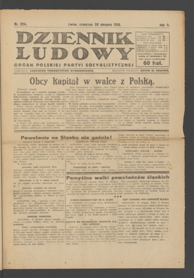 Dziennik Ludowy&nbsp;: organ Polskiej Partyi Socyalistycznej. Rok&nbsp;2, 1919, numer&nbsp;224