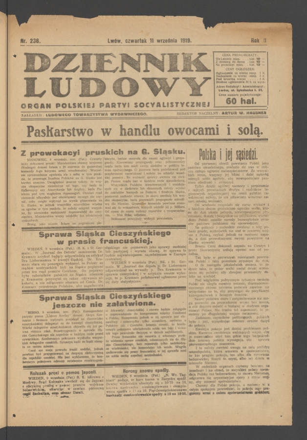 Dziennik Ludowy&nbsp;: organ Polskiej Partyi Socyalistycznej. Rok&nbsp;2, 1919, numer&nbsp;236