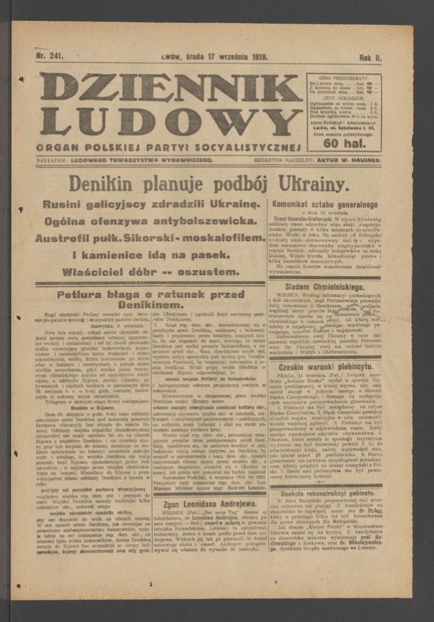 Dziennik Ludowy&nbsp;: organ Polskiej Partyi Socyalistycznej. Rok&nbsp;2, 1919, numer&nbsp;241