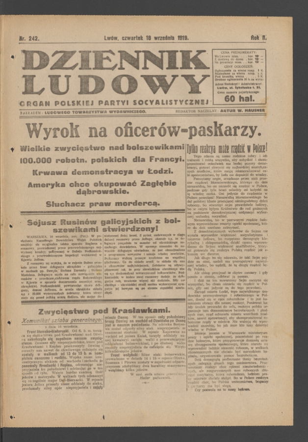 Dziennik Ludowy&nbsp;: organ Polskiej Partyi Socyalistycznej. Rok&nbsp;2, 1919, numer&nbsp;242