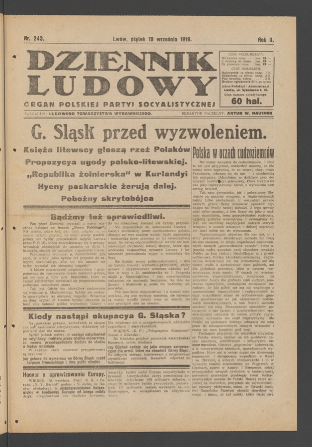 Dziennik Ludowy&nbsp;: organ Polskiej Partyi Socyalistycznej. Rok&nbsp;2, 1919, numer&nbsp;243