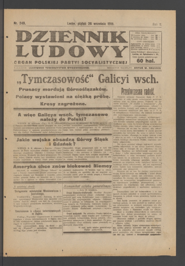 Dziennik Ludowy&nbsp;: organ Polskiej Partyi Socyalistycznej. Rok&nbsp;2, 1919, numer&nbsp;249
