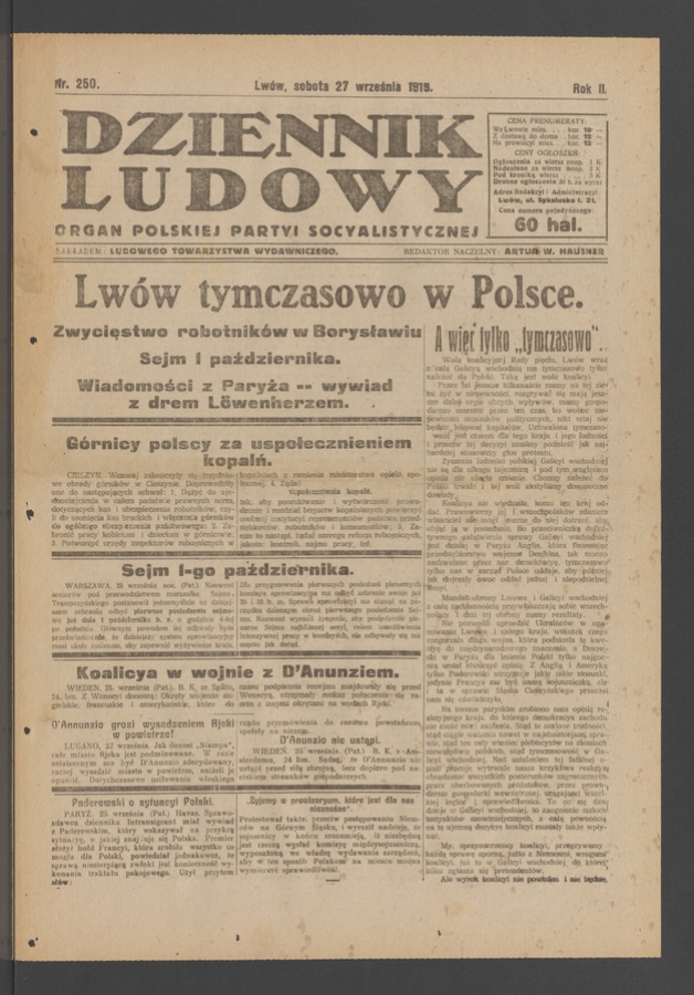 Dziennik Ludowy&nbsp;: organ Polskiej Partyi Socyalistycznej. Rok&nbsp;2, 1919, numer&nbsp;250