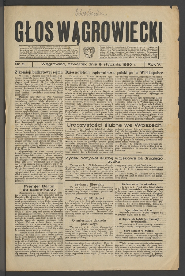 Głos Wągrowiecki. Rok&nbsp;5, 1930, numer&nbsp;3
