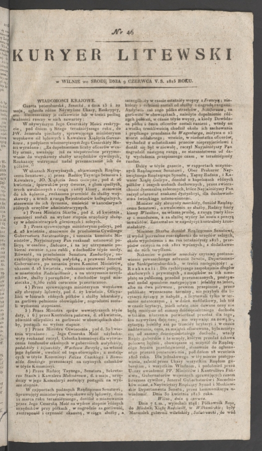 Kuryer Litewski. 1815, numer&nbsp;46
