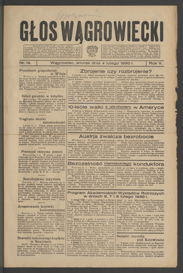 Głos Wągrowiecki. Rok&nbsp;5, 1930, numer&nbsp;14
