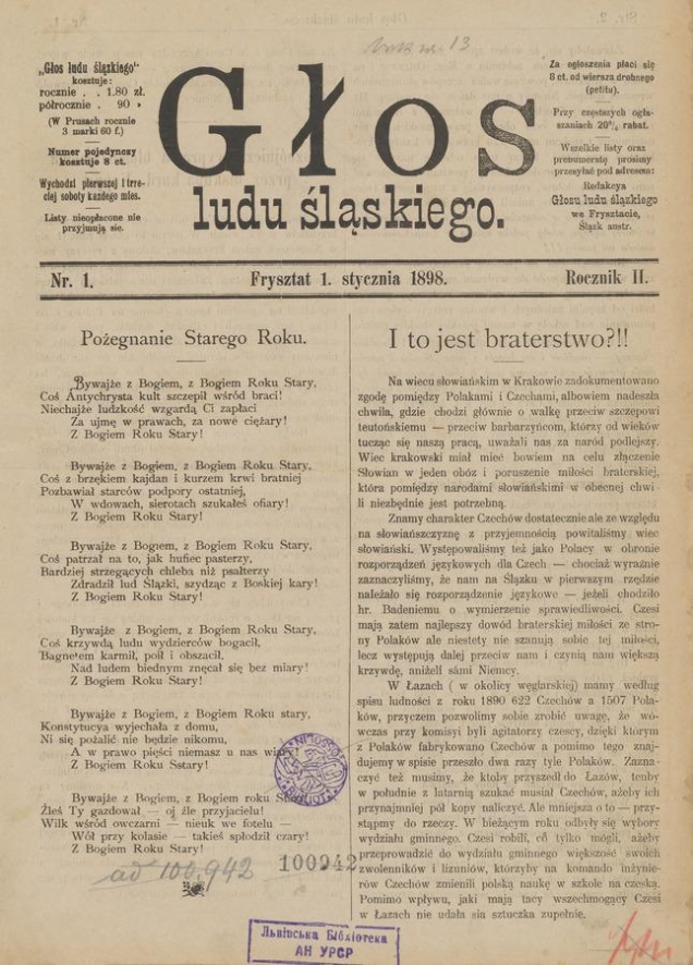 Głos Ludu Śląskiego. Rocznik&nbsp;2, 1898, numer&nbsp;1