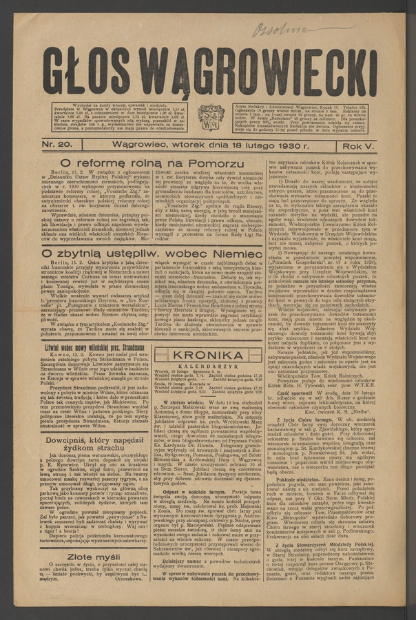 Głos Wągrowiecki. Rok&nbsp;5, 1930, numer&nbsp;20